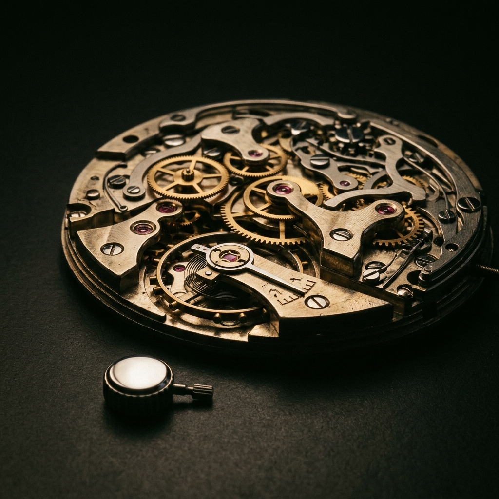 An exposed mechanical watch movement under raking light — extraordinary internal complexity, one crown to control all of it