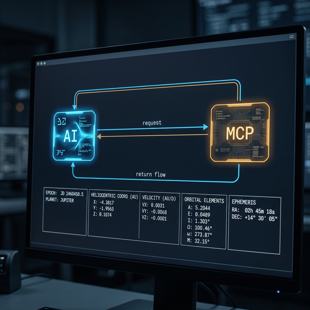 An AI agent queries a planetary position through an MCP server and receives precise ephemeris data in return