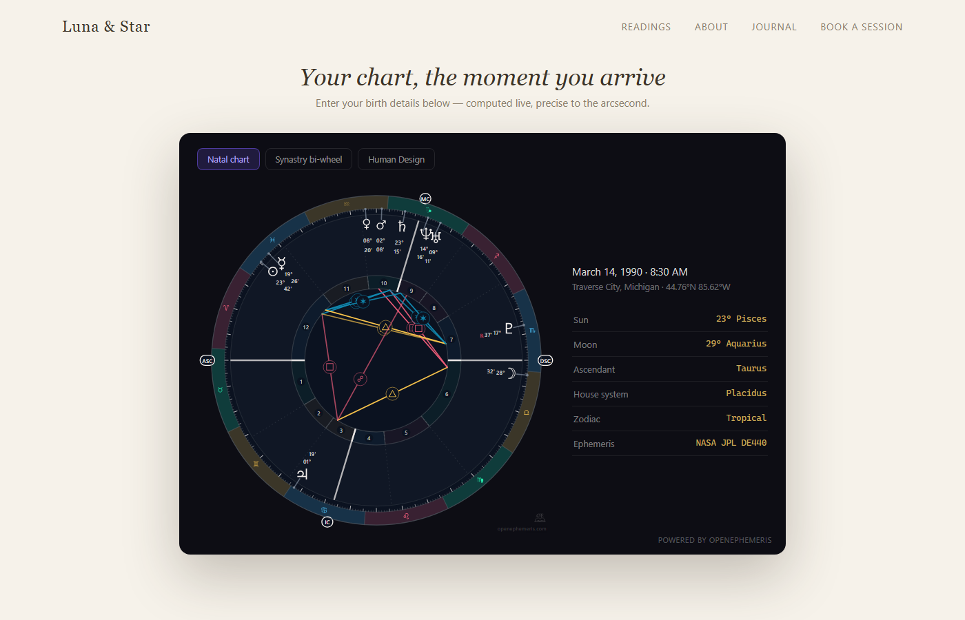 The widget rendering a computed natal chart inside a practitioner's website.